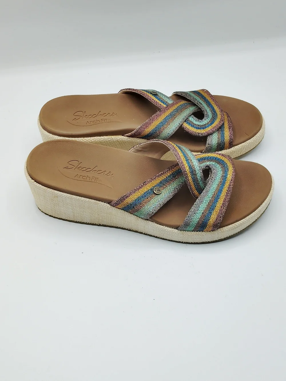 Skechers Striped Cross-Band Slide Sandals in Teal, Blue, Yellow and Pink